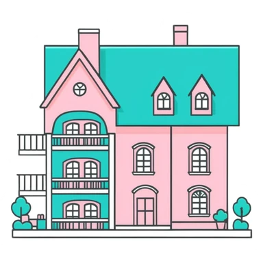 cute pastel pink dollhouse with miniature furniture sticker