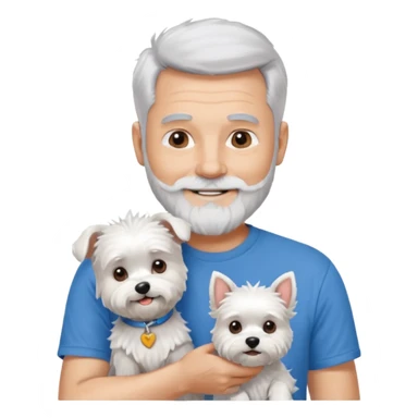 handsome gentleman, 60 years old, spiky crew cut silver hair, full beard, wearing a blue t-shirt, smiling and holding a maltese dog sticker