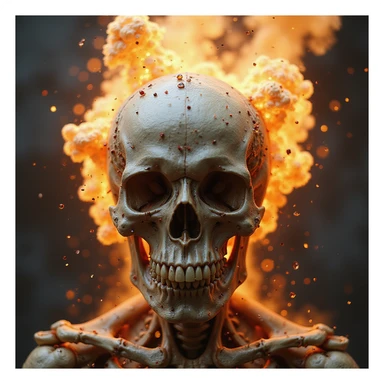 highly detailed skull with a dynamic explosion effect, realistic textures, photorealistic style sticker