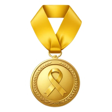 A golden medal with a glossy finish, featuring a central gold awareness ribbon symbol sticker