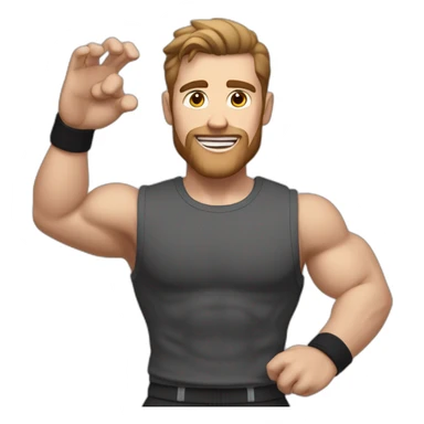 Close up Actively gesturing  with hands Pale skinned Fit Man With the biceps and brown hair in dark gray Sleeveless Mike, black oversize sports shorts, watch and white Sneakers sticker