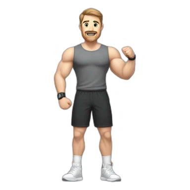 Full height Actively gesturing with hands Pale skinned Fit Man With the biceps and brown hair in dark gray Sleeveless Mike, black oversize sports shorts, watch and white Sneakers sticker