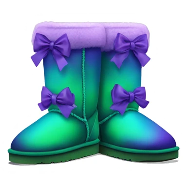 Realistic pair of green to purple ombre Ugg fur boots with silk ribbon bows. sticker
