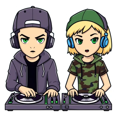 Two people, boy- vampire with dark hair and green eyes wearing a camo hat. Then A girl with blonde hair light blue eyes and she is djing  sticker