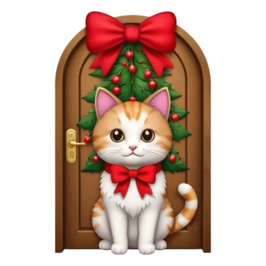 A door with a cat in front of it with h christmas elements on the door sticker