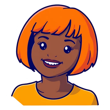 dark skinned Black woman with orange bob wig like Chucky's hair, visible plaque on her teeth sticker