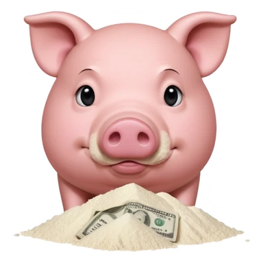 A pig with a dollar bill held to his nose looking down at a small pile of flour  sticker
