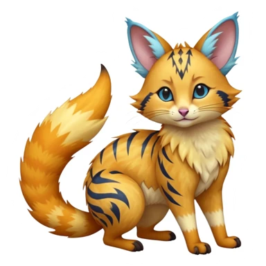 Realistic elegant sunburnt mango-saffron fur shattered by electric sky-blue zigzag scars beautiful elegant pretty precious cute  Fakémon-Pokémon-opossum-feline-serval-caracal-chinchilla-Furret-Minccino-hybrid-creature with a big fluffy bushy tail (full body) sticker