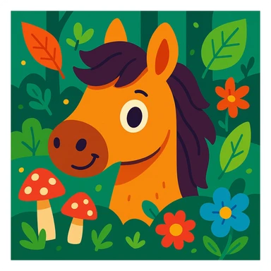 cute forest horse head, bright colors, playful expression, surrounded by forest elements sticker