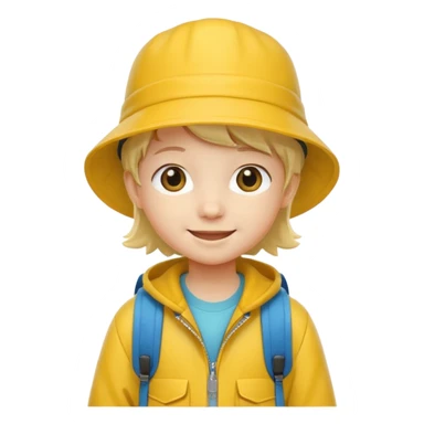Little student wears yellow bucket hat and jacket, backpack, happy sticker