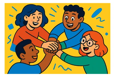 team collaboration, people joining hands in a circle, vibrant and energetic, cartoon style sticker
