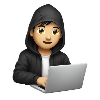 A Asian boy is developer dressed as developer wearing dark hoodies working on a laptop. Background transparent, remove dot  sticker