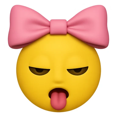 Edit the image to remove the hair and make the skin yellow. Keep the tongue out, eyes closed, and the bow on the head. The style should resemble emoji style. Remove the background completely. sticker