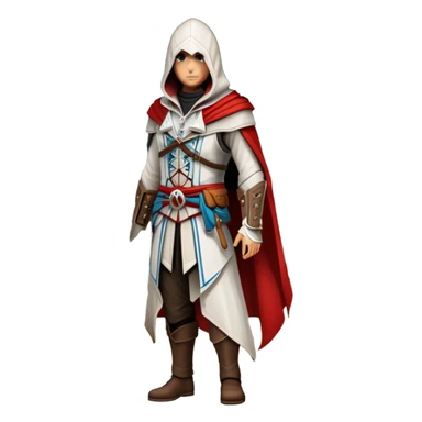 icon featuring Assasin's Creed in an iconic assassin's hood, standing tall against the backdrop of Florence. The design captures the essence of adventure, with intricate details of historical architecture and a sense of mystery. The character is poised, ready for action. transparent background. sticker