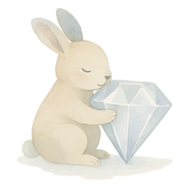 small bunny hugging a shiny diamond, watercolor illustration, light washes, dreamy effect sticker