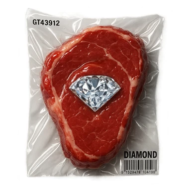 meat steak with sparkling diamond facets, glossy and puffy, no background sticker