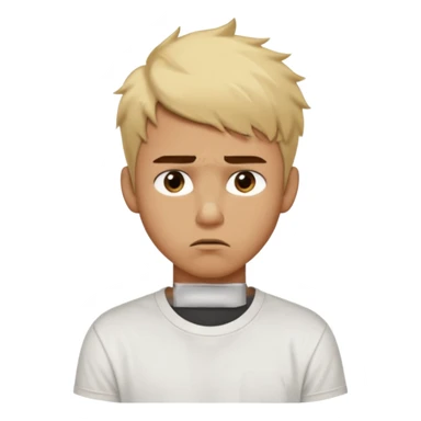 caramel skin color. Teen age. Short buzz, messy blonde hair, dark brown bushy eyebrows large expressive golden-brown eyes, brown skin color, scar over nose, wearing a plain white t-shirt. 20 year old male. Disappointed thinking facial expression. caramel skin color.  sticker