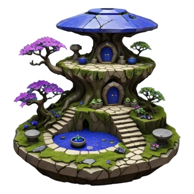  Alien saucer-castle jungle winding trail mountainside getaway haunted nighttime hobbit landscape antique mudman very old broken cracked intricate Stone Age lapis-crusted irregular dodecagon-shaped shallow dark moss rough bark violet flowered maple bonsai Saikei coffee table-sized pot  sticker