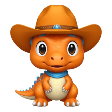 A emoji of a small dino plushie that's orange with a cowboy hat sticker