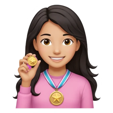 black haired girl wearing pastel pink with one medal, remove any hats, make her smile, make her hair longer, make her tan. no blue please and i said one medal only sticker
