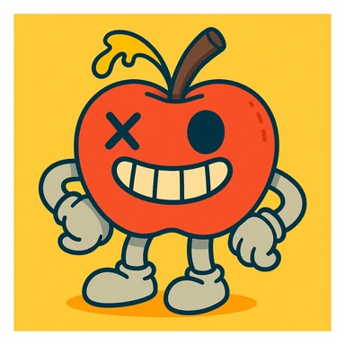 vibrant-toon style character: apple plush with light grey limbs, left eye has an X, ichor coming out of stem without leaf, wide grin sticker