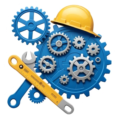 An icon featuring a gear, a wrench, and a blueprint, symbolizing engineering. The design includes a hard hat, a circuit board, and a ruler, representing problem-solving, design, and technological innovation across various engineering fields. Transparent background sticker