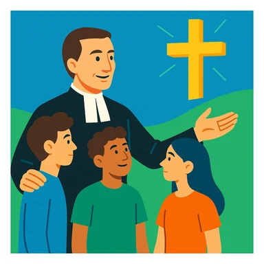 modern Christian vocational animation, Brother Gabriel Taborin guiding young people, minimalist and current style, blue and green tones, symbol of Christian hope sticker