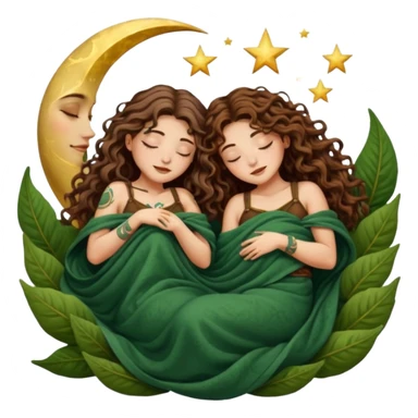 two forest alchemist women — one with long wavy brown hair and tattoos, one with short tight curly brown hair — sleeping back to back under leaf blanket crescent moon above sticker