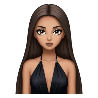 A dramatic half-body portrait of a woman with long straight hair and smoky eye makeup. She’s wearing a glamorous, dark evening gown and has a mysterious, captivating gaze, with a dark, moody background sticker