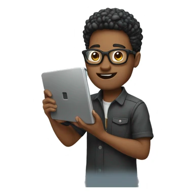 content creator holding a laptop in one hand and a camera in anither sticker