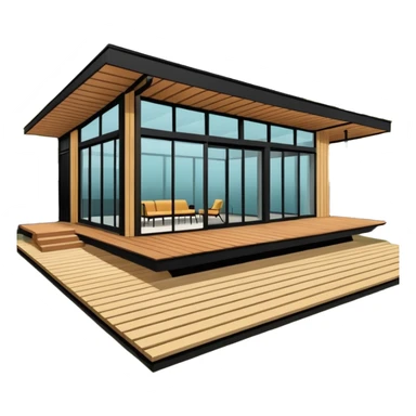 midcentury modern house with 1000 sqft and all windows and a sliding windows on corner. Single story. High ceilings, black and vertical wood slats for outside walls of home. Wood deck with complementary but different wood and shade from larger wood slats. With overhanging shade and slats. sticker