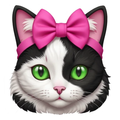 A black and white cat with green eyes she has a hot pink bow on her head  sticker