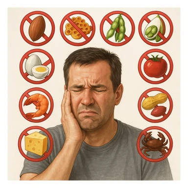 A 40-year-old man suffering from food intolerances, inspired by the reference image, with a pained expression, forbidden food symbols above his head. Realistic or illustrative style with a light background. sticker