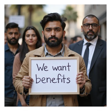 group of indian modern customers holding a board written "We want benefits"with a serious face sticker