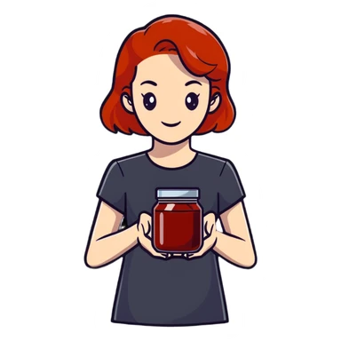 redhead woman showing a glass jar with jam at arms length, closeup sticker