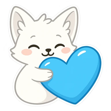 Make the fox white, do not show any legs, keep hugging the stunning blue heart, in chibi sticker style with transparent background. sticker