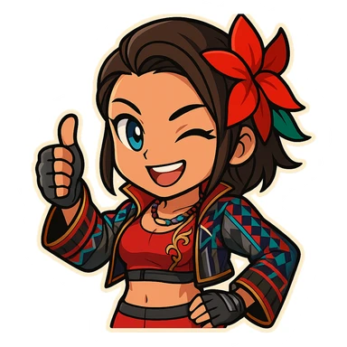 Azucena from Tekken 8 in chibi sticker style, giving a thumbs up with a wink, wearing the detailed red and patterned outfit from the reference images, designed for Twitch emote use. sticker