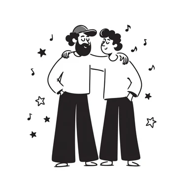 Two brothers who are musicians: a noticeably taller 35-year-old with stylized beard and backwards cap (big brother) with his arm around his shorter 25-year-old brother. Side by side, facing forward, celebrating. Music notes and stars around. Band members cheering in background. sticker