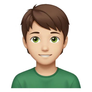 Discord emoji. the face of an Anime asian style teen boy with brown hair, green eyes, looking smiling slightly sideways positioned. Face must be main filling of the frame.  128px sticker