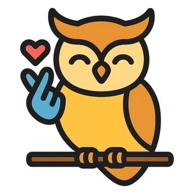 a wise, smiling owl perched on a branch, making the saranghae sign with one wing, modern icon style sticker