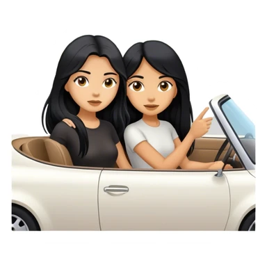 Two girls both with black long hair in a white car driving to a destination sticker