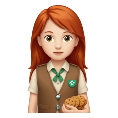 white girl scout with red long hair selling cookies with a brown Girl Scout vest and white shirt under vest. She should be around 10 years old sticker