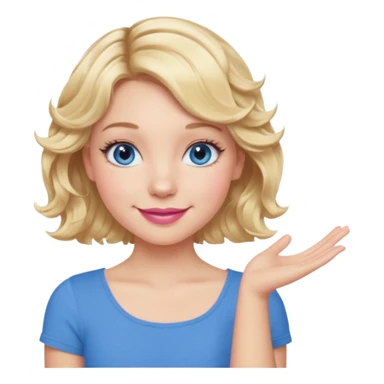 Girl Blonde short wavy hair,  blue eyes, cute blue top, long lashes, pink lips, smiling, one hand 🤷🏼‍♀️  sticker