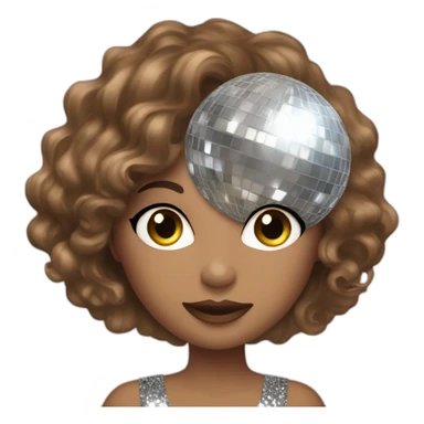 female with brown wavy hair dressed in a glitter dress and makeup, with disco ball sticker