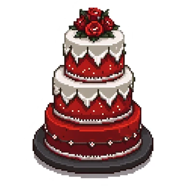 Red wedding cake with white frosting details and small roses sticker