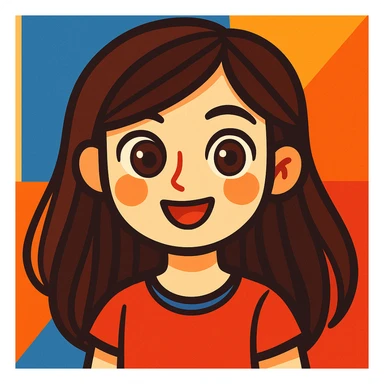 pale skin girl with long brunette hair and brown eyes, vibrant cartoon style sticker