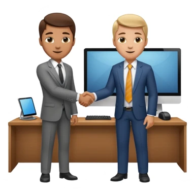 a video editor handshaking with a castomer. customer wears suit and tie but video editor wears shirt and trouser. they are handshaking inside a corporate office. sticker