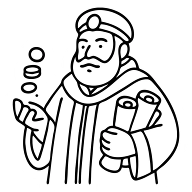 Wealthy fantasy merchant lord in red robes counting gold coins. DnD style character with scrolls of business contracts. sticker