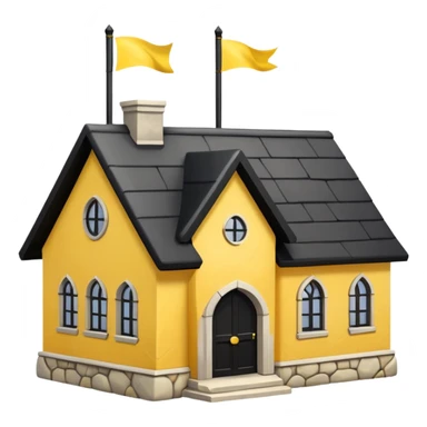 simple magic school, low detail, white background, magic school, black roof, with a big flag, big flag on a roof, big yellow flag, white school sticker