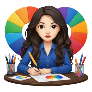female dark wavy long hair graphic designer , big color wheel behind , pens, papers, desktop sticker